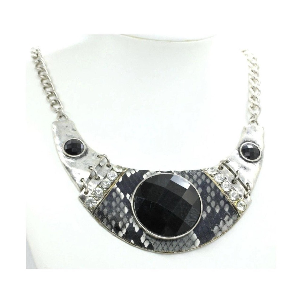 Vintage Y2K Statement Bib Necklace Black Snake Print Rhinestone Jeweled 22"